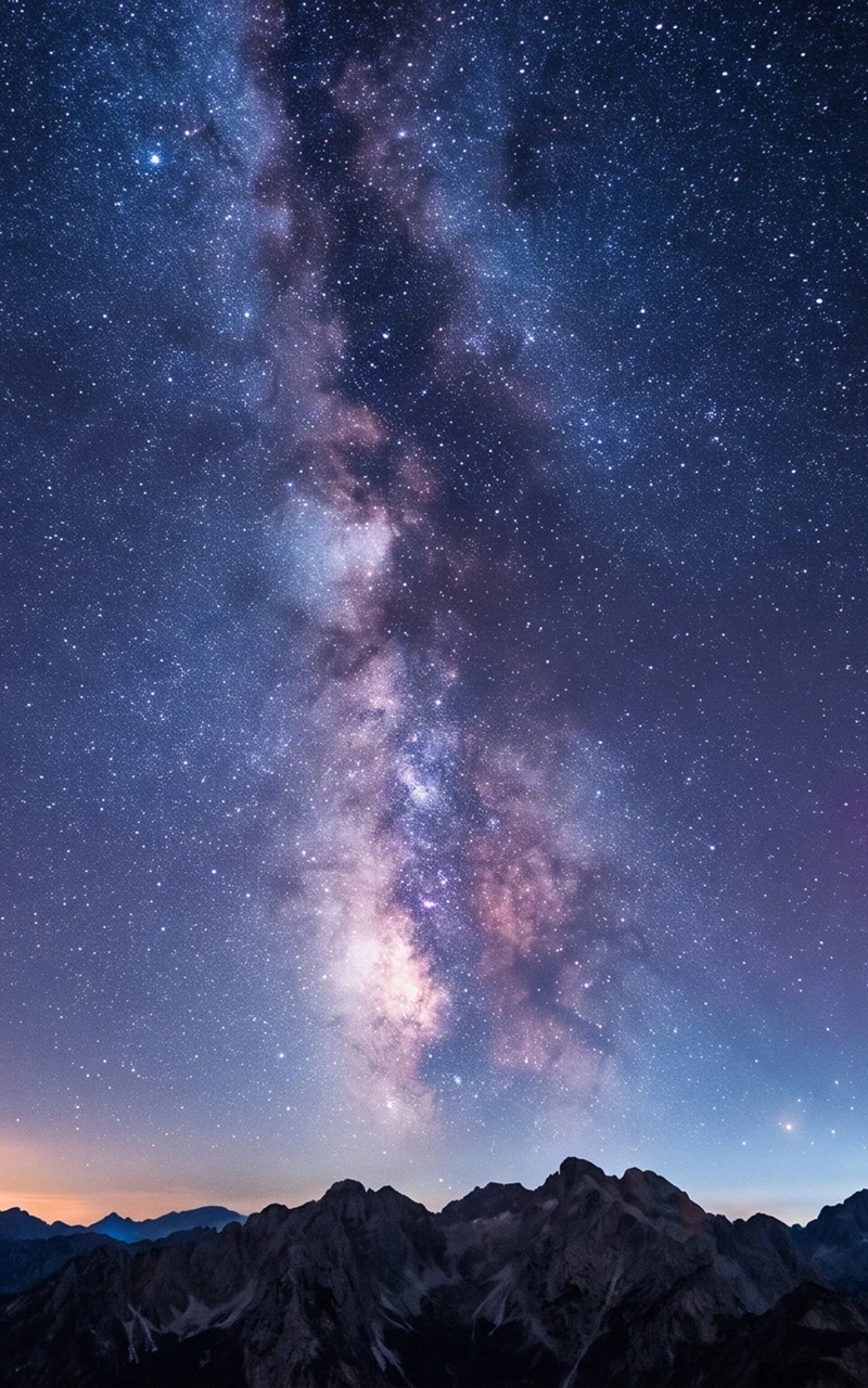 山稜の上に広がる星空と、空を縦に巡る天の川